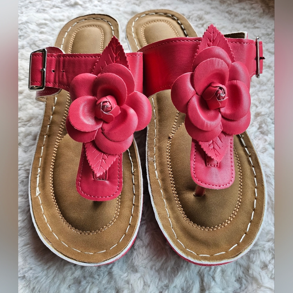 Flower Wedge Heel Strap Sandal, Coral, Pink, Size 8-8.5 M, EU 41, NWOT